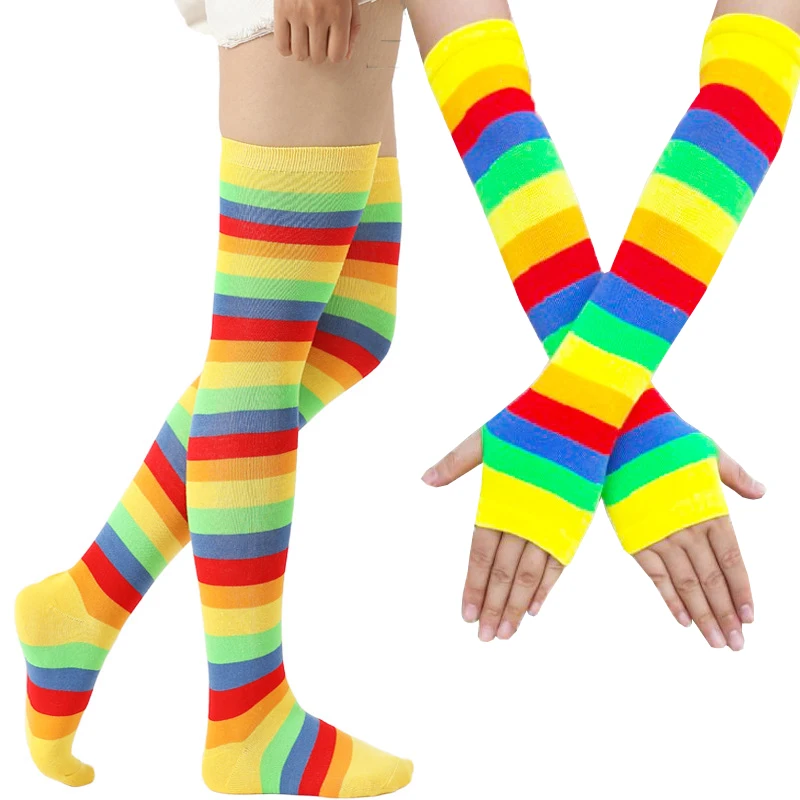 New Colorful Rainbow Stockings Cute Thigh Knee Socks Dance Socks Striped Arm Warmer Gloves Christmas Gifts Women Cosplay Costume
