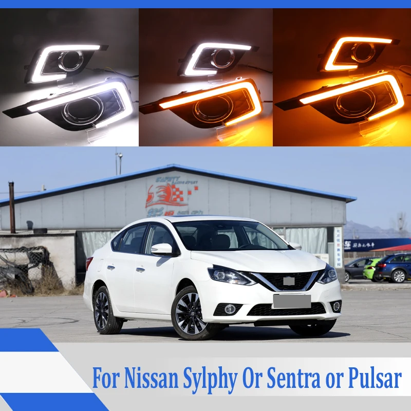 

2pcs For Nissan Sylphy Sentra 2015-2016 LED Daytime Driving Running Light DRL Car Fog Lamp 6000K White Light Turn Yellow Light