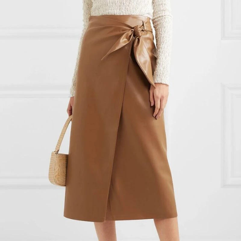 

2020 New Fashion High Quality Leather Skirt Women Skirts Female Elegant Ladies Runway Designer Wrap Long Skirts