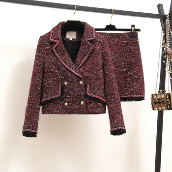 

New Autumn Winter Fashion Women's Sets Elegant Tweeds Double Breasted Jacket + Slim Hip A-line Short Skirts Female Skirt Suits