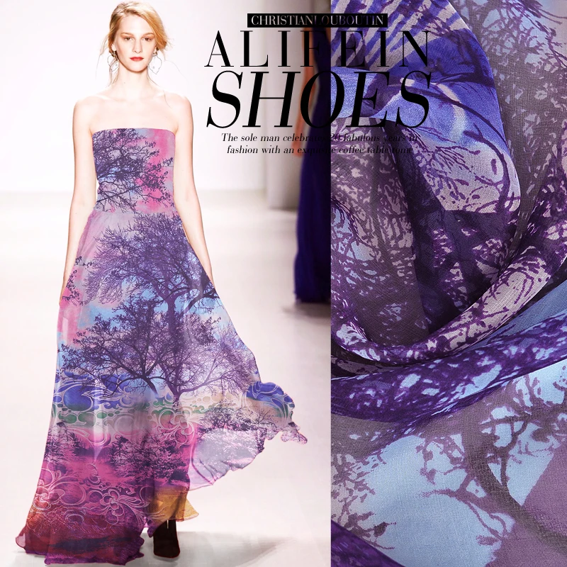 

beautiful trees print 100% Silk chiffon fabric beach dress material 53"(135cm)wide