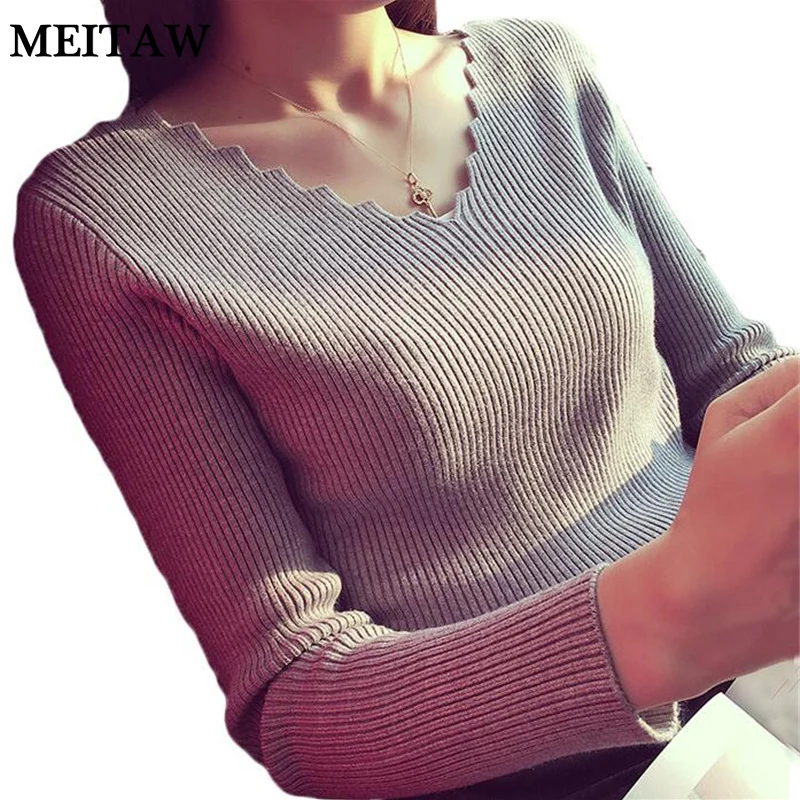 

New Fashion Autumn Women Knitted Sweater 2019 Casual V-neck Long-sleeve Solid Basic Jumper Pullover Korean Lady Office Tops