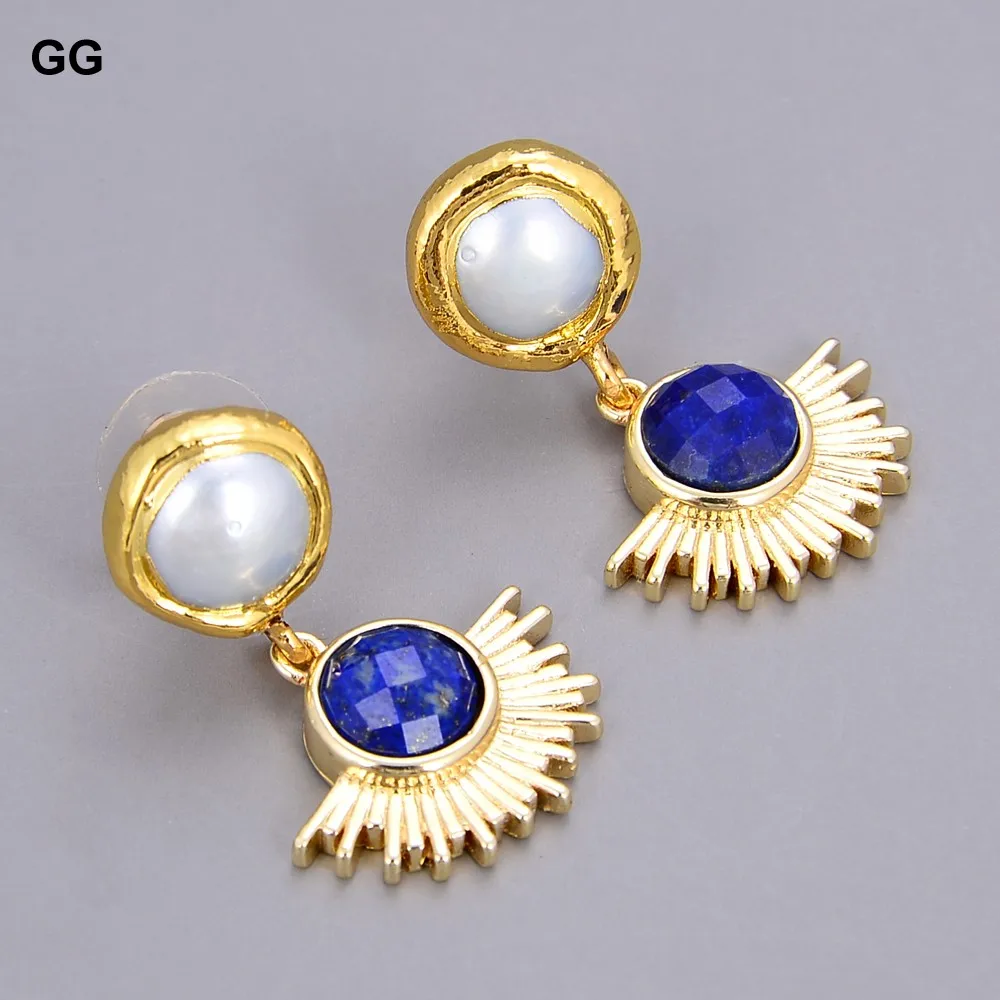 Guaiguai Jewelry Natural Waterwater White Pearl Coin Blue Lapis Rising Sun Stud Orecchini