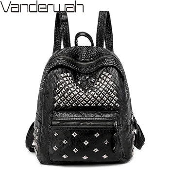 

Fashion Backpack Female Black Washed Leather Backpacks School Shoulder Bags For Girls Travel Women Bags Rivet Backpacks Mochila
