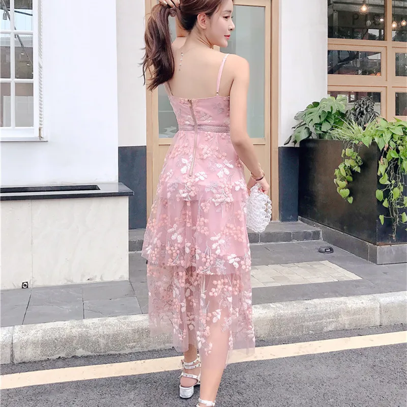 2019 Бренд женское платье Лето Cherry Blossom розовый блестки вышитые ремень кружева