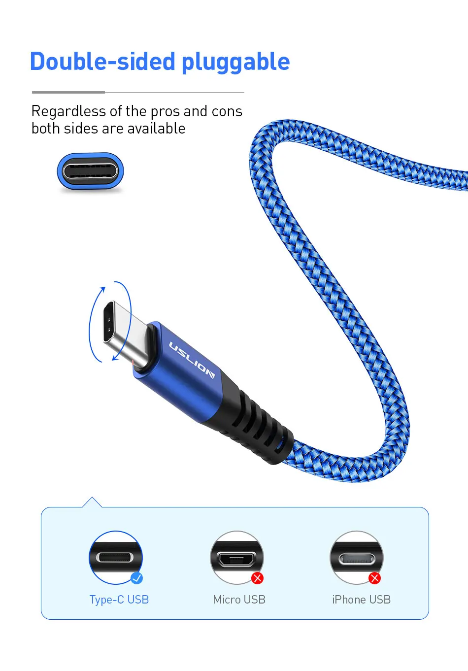 USLION 1 m/2 m usb type c кабель для Xiaomi Redmi Note 7 3A Быстрая зарядка USB C кабель для samsung Galaxy S10 S9 A50 type-C зарядное устройство