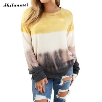 

Fashion Long Sleeve T Shirt Women Tie Dying Female T Shirt Autumn Yellow Top O Neck Patchwork Causal Women Basic Tee Shirts Tops