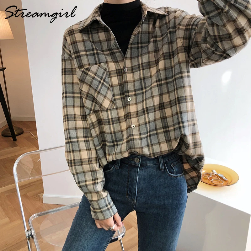 Клетчатая фланелевая рубашка женская блузка с длинным рукавом винтажная на