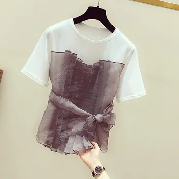

2020 summer new patchwork women t-shirts o-neck sashed shorts office lady elegant pulls tops tees top quality