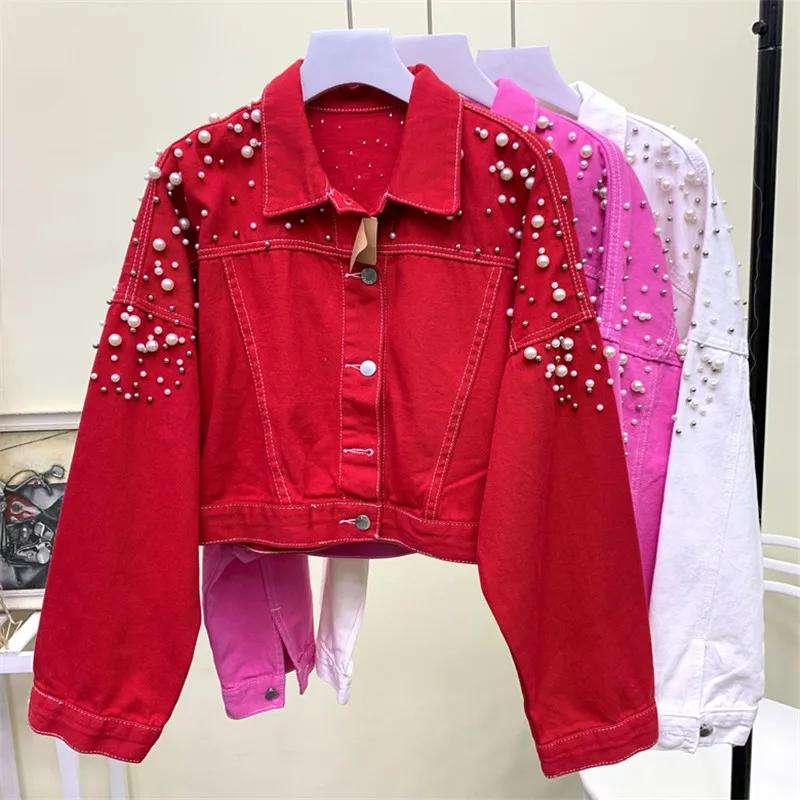 Новинка Осеннее Женское пальто Harajuku красная джинсовая куртка с тяжелыми ручными
