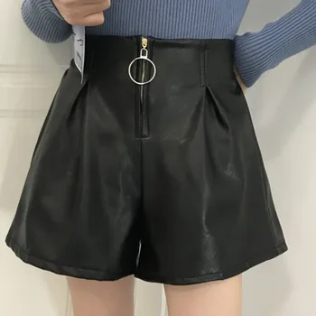 

2020 Autumn Winter PU Leather Shorts Women Fashion Black Loose High Waist Shorts Female Harajuku Wide-leg Shorts