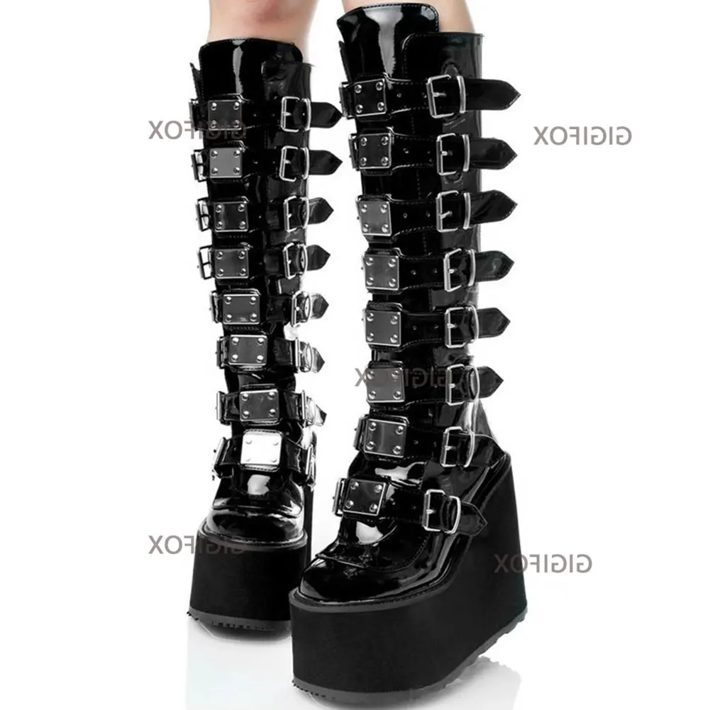 Brand Design Big Size 43 Black Gothic Style Cool Punk Motorcycles Boots Female Platform Wedges High Heels Calf Boots Women Shoes 