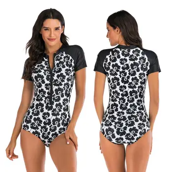 

short sleeve Rash Guard one piece swimsuit for women leopard print front zipper Rashguard Swimwear UPF50+ Wetsuit Diving top