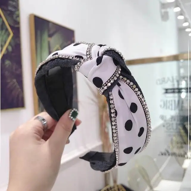 Корейский Модный черный белый горошек джинсовая ткань широкие резинки для волос для женщин модные аксессуары для волос горный хрусталь повязки для волос Головные уборы