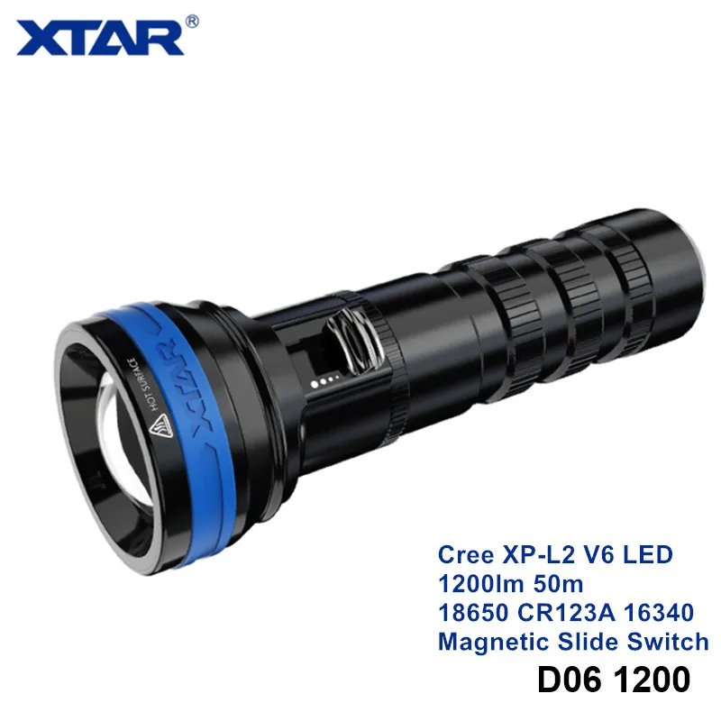 Xtar D06 магнитный переключатель скольжения для подводной фотосъемки Дайвинг фонарик Cree XHP35 XPL XML 18650 16340 CR123 Подводный фонарь