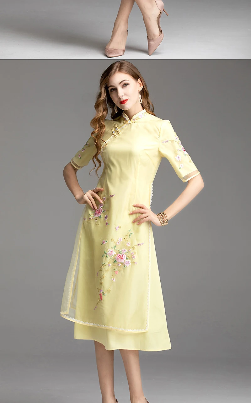 Flower Embroidery Lace Splice Long Dress Chinese Style Short Sleeve Vintage Cheongsam Qipao Autumn Split Organza Dress Pink
