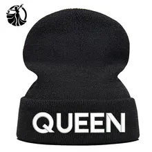Шапка с принтом queen шапка Skullie шапка, вязаная шапка-носок зимняя Осенняя вязаная вышивка Кепка в стиле хип-хоп Мужская и женская Подростковая Кепка для уличных танцев черная