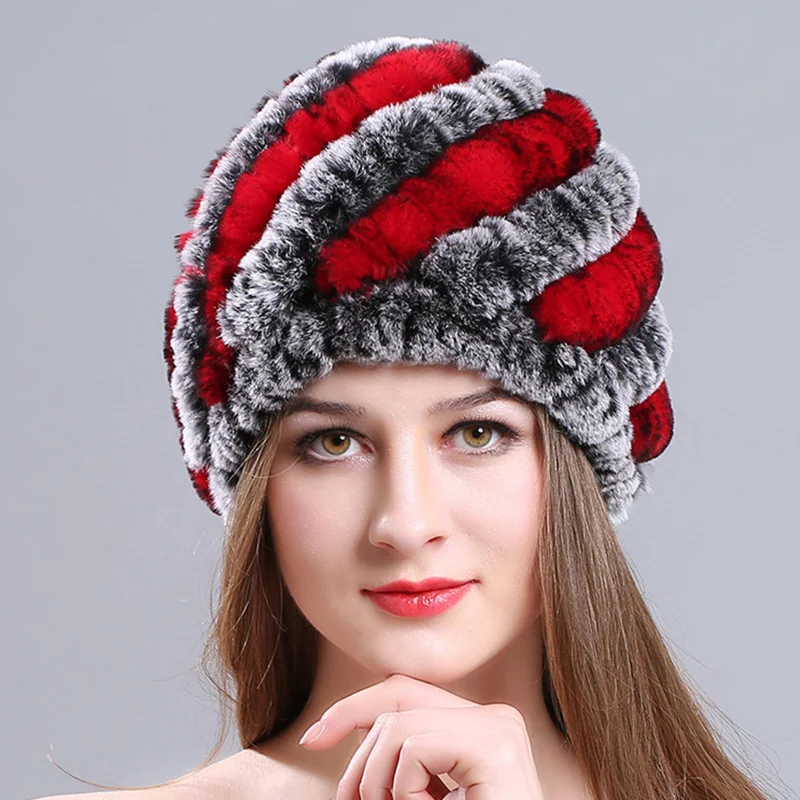 10 Женские шапки из меха кролика Рекс, зимние шапки из меха кролика Рекс, вязаные шапки в полоску с цветком из искусственного лисьего меха - Цвет: 10