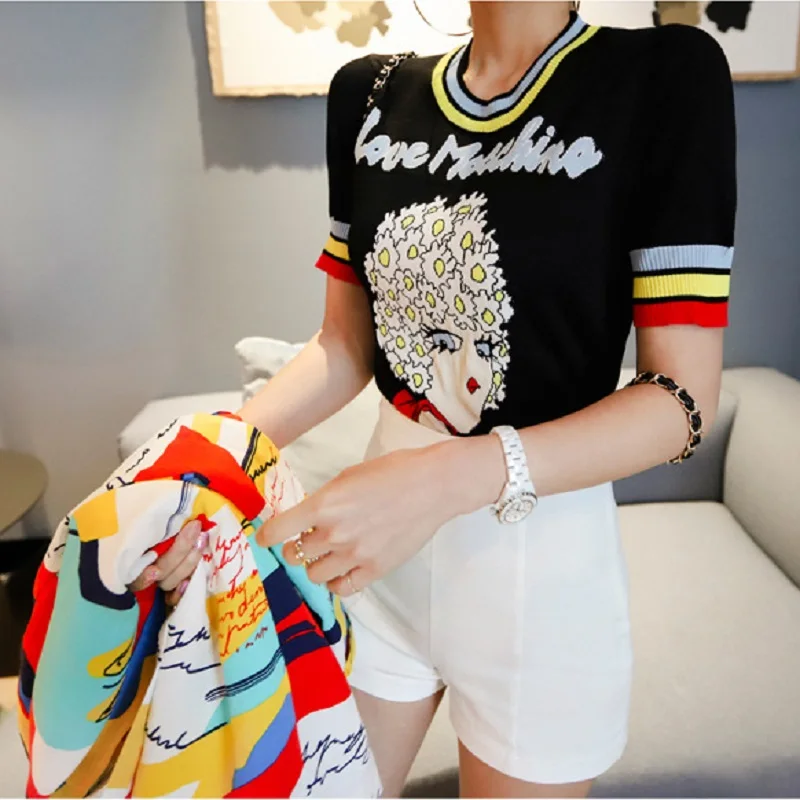 Модная женская трикотажная рубашка Харадзюку с принтом, топы, брендовые дизайнерские полосатые женские повседневные футболки с коротким рукавом, одежда