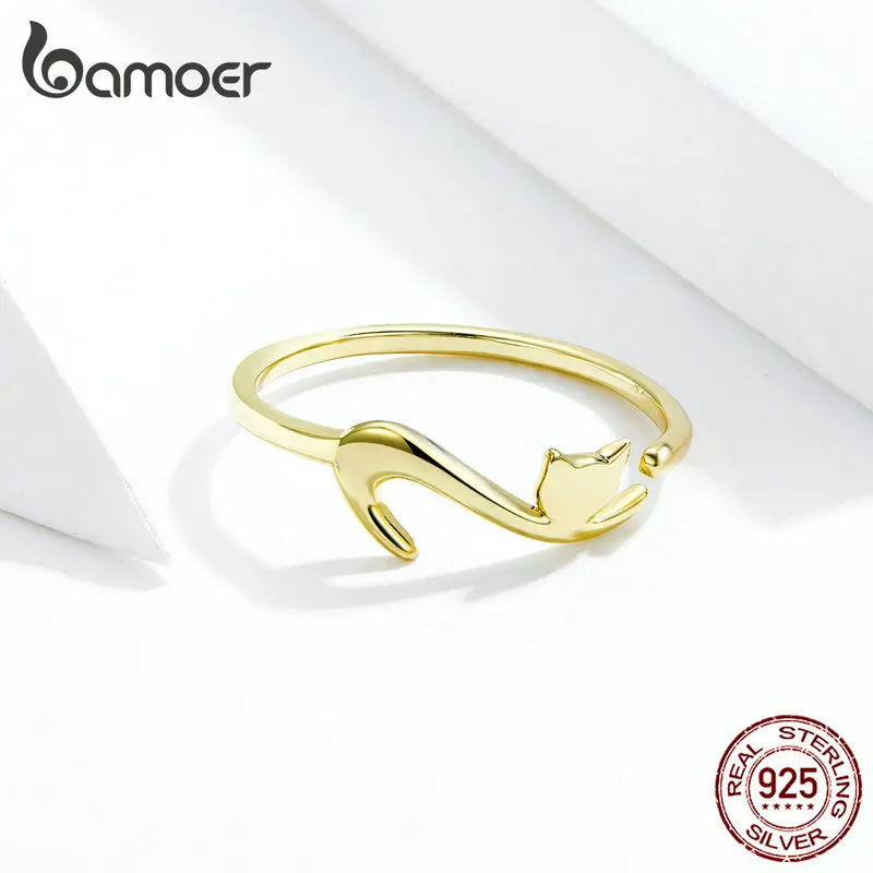 Bamoer 925 пробы Серебряное кольцо прекрасный кот регулируемый размер палец кольцо для женщин обручение Ювелирные Украшения Подарок на годовщину GXR220
