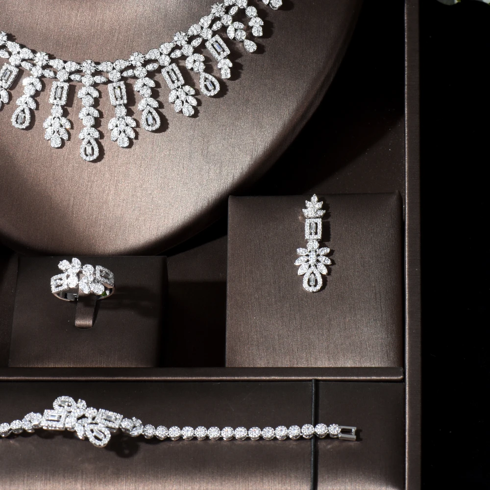 HIBRIDE Bridal Wedding Jewelry Sets Water Drop CZ Necklace Bracelet Earrings and Ring Set Women 4pcs Jewelry Bijoux Femme N-836 - Image 3