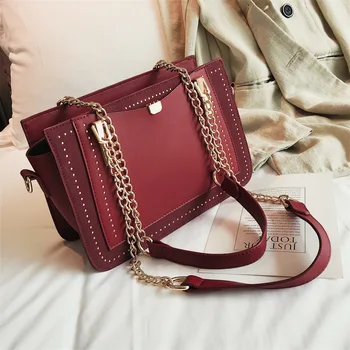 

Hot Fashion High Quality Luxury Rivet Handbag Women Bag Designer Brand Metal Chain Tote Bag Casual PU Leather Crossbody Bags