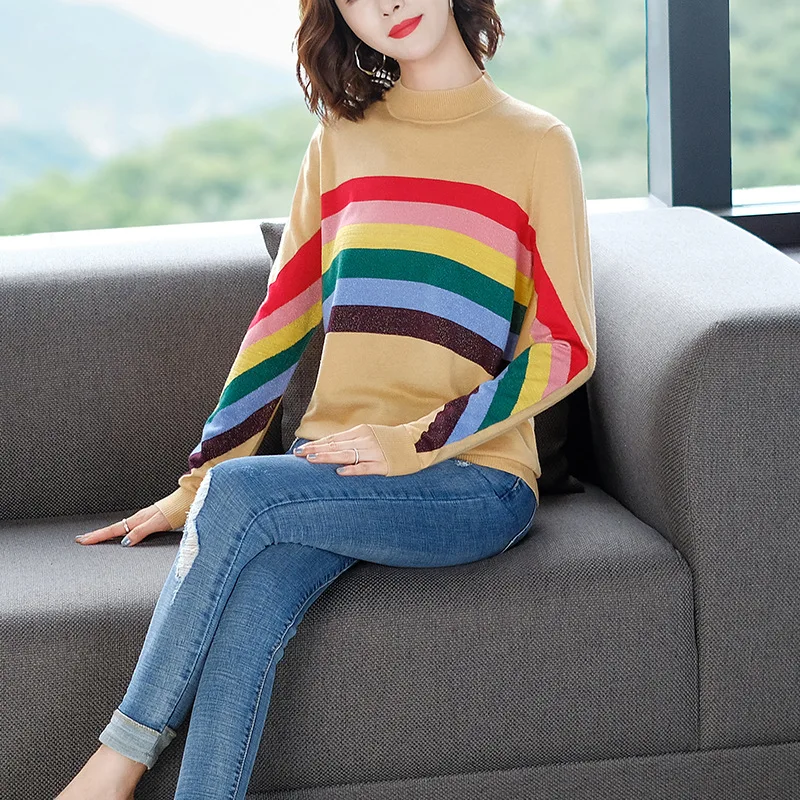 Autumn Women Christmas Sweater O-neck Rainbow Stripes Loose Pullovers Korean Chic Knitted Jumpers Harajuku Winter Clothes
