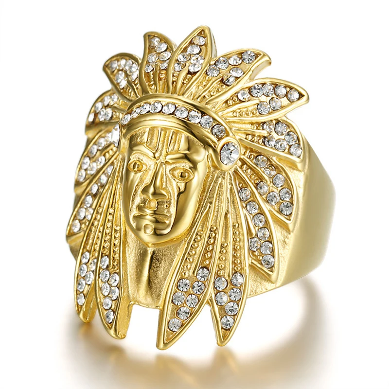 

Linmouge Fashion Gold Color Ring Indian Chief Man Hip Hop Personality Punk Rings Zircon Stainless Steel Luxury Trendy RF27