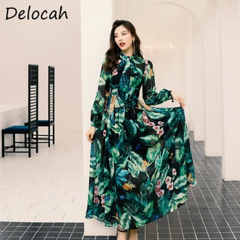 

Delocah Spring Summer Women Dress Runway Fashion Designer Long Sleeve Simple Bow Printed Beach Holiday Female A-Line Dresses