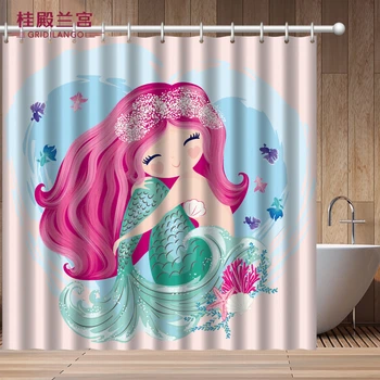 

Pink Mermaid Shower Curtain Waterproof Fabric Bathroom Decor With 12 Hooks Cartoon Mermaid Wave Fish For Kids Adult Dropshipping