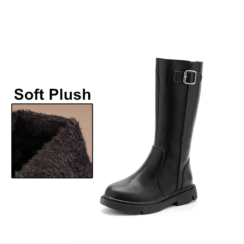 Black Plush Высокие сапоги для девочек; зимние сапоги из натуральной кожи для девочек; коллекция года; Модные Ботинки martin; детская обувь принцессы; Размер 23-37 - Цвет: Black Plush