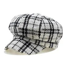 Твидовая клетчатая газетная кепка для женщин, берет таксиста с козырьком