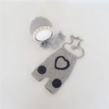 

Grey Newborn Baby Pants Set Photoshoot Prop Handmade Newborn Romper with heart Baby Girl Boy Outfit Photo Prop Hat Boys Cap