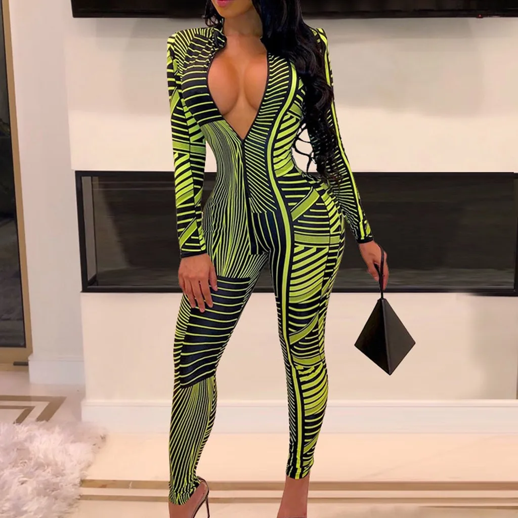 women romper Lady's Sexy Long Sleeve Bodycon Dark V Neck Zipper Printed Jumpsuits combinaison femme sexy#YF35