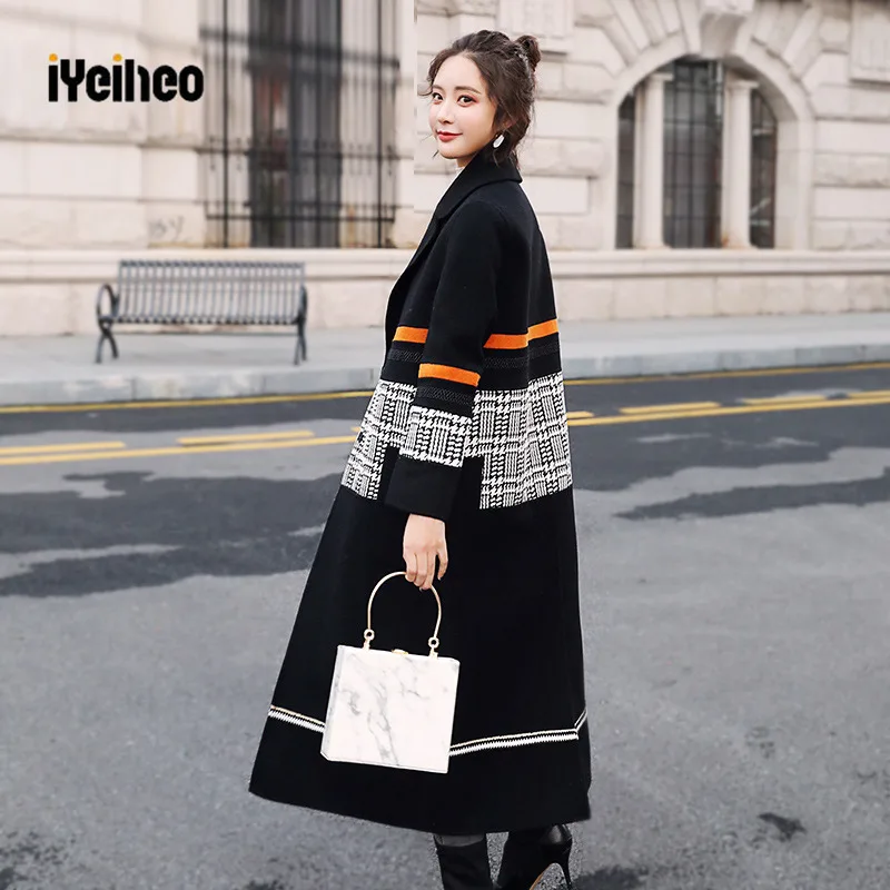 

Women Long Wool Coat Jackets Autumn Winter 2019 Fashion Black Overcoat Plaid Striped Thicken Warm Woolen Tops Outerwear Female
