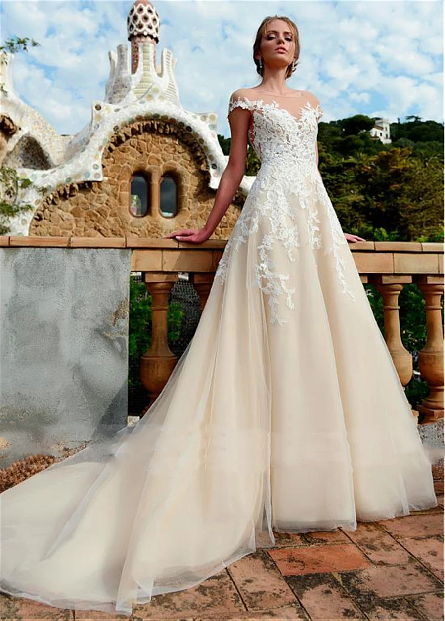 

2020 Illusion Sheer Lace Applique A Line Wedding Dresses Backless Bridal Gowns Plus Size Formal Long Wedding Gown