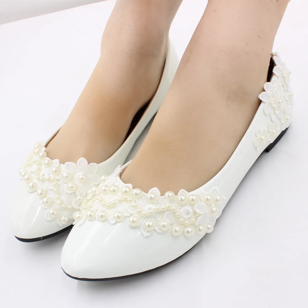 New white flat wedding shoes large size spring bridal shoes soft soles bridesmaid lace decoration made in ChinaBH2114