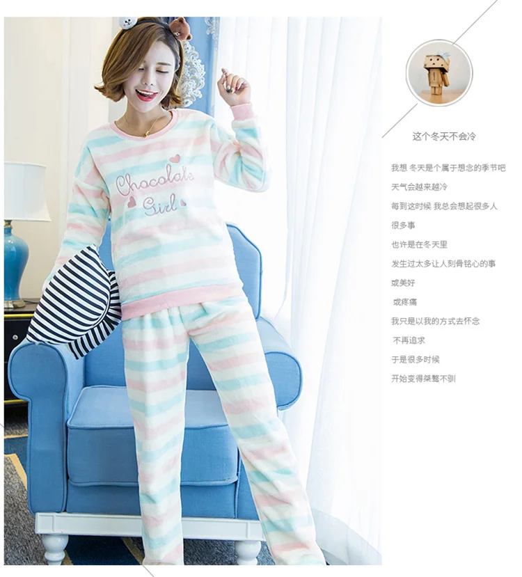 Sleepwear women winter Pajama Sets for Female Soft Thick Cute Cartoon Flannel Sleepwear Tops+Warm Pants Home Clothes Mujer 2pcs