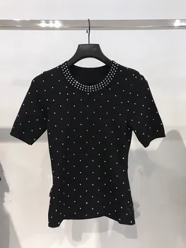 

Women's Black Knitted Sweater Slim Short Sleeve O-neck Beaded Decorative Sweater Top Autumn Winter