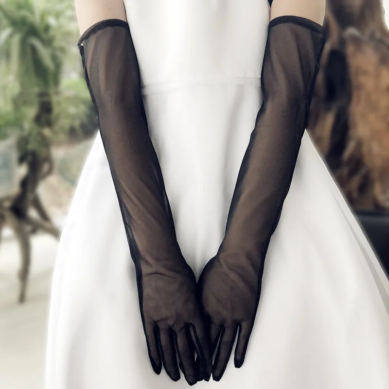 35cm 55cm Sexy Lace White Black Net Yarn Mesh Breathable Thin Long Gloves Hollow Transparent Summer Sunscreen Soft Drive Gloves