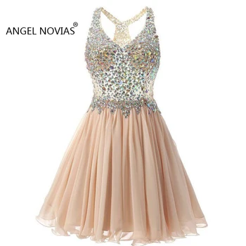 

Sexy Short Champagne V Neck Crystals Homecoming Dresses 2019 Vestido De Graduacion