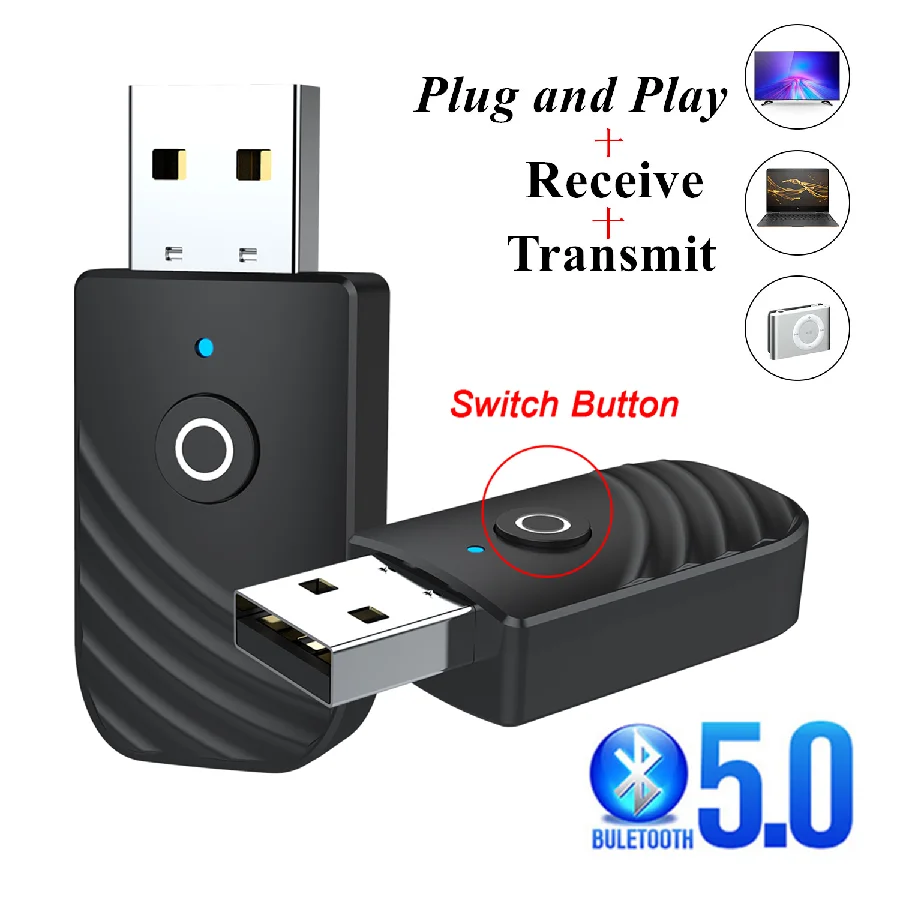 USB 블루투스 5.0 송신기 수신기, 3 in 1 어댑터, 3.5mm AUX 플러그 앤 플레이, TV PC 헤드폰, 홈 스테레오 카 HIFI 오디오