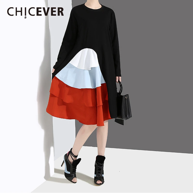 CHICEVER Ruffle Patchwork Hit Color Women's Dress O Neck Long Sleeve Loose Dresses Female 2020 Autumn Korean Fashion New | Женская