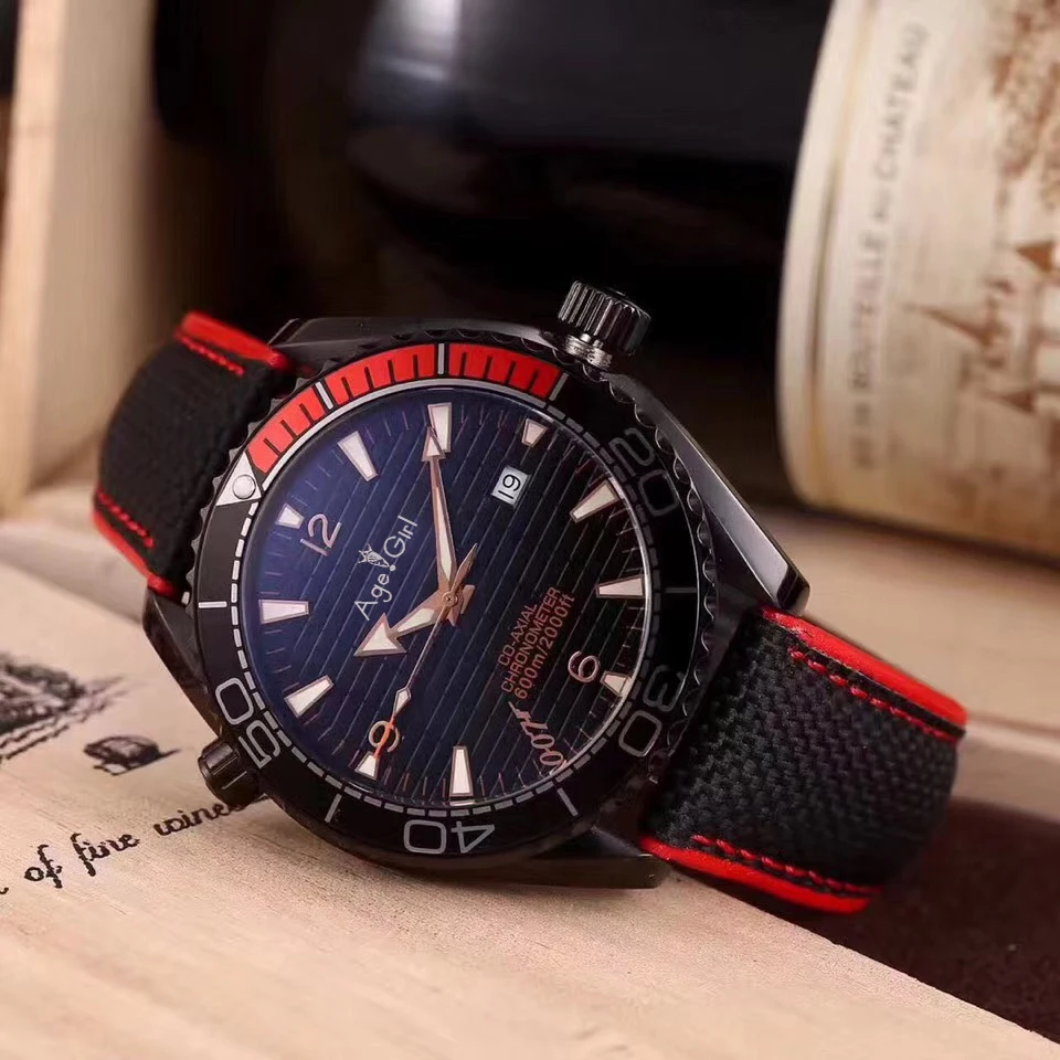 

Luxury Brand New Men Automatic Mechanical Red Black Canvas Leather Professional Stainless Steel James Bond 007 Sapphire Watch
