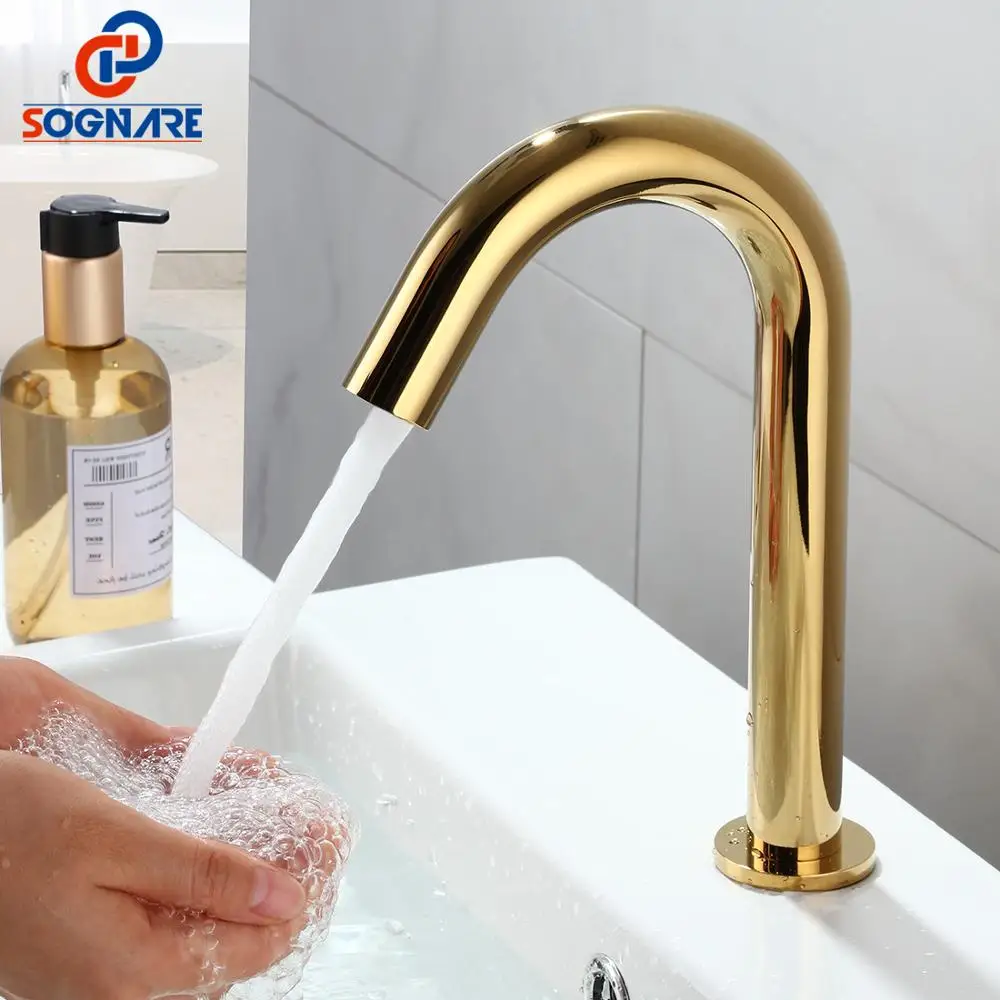 Contemporary Automatic Infrared Sensor Batteryed Power Hot & Cold Gold Plated Basin Faucet Touchless Mixer Tap For Bathroom Sink