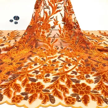 

New Arrivals Orange African Mesh Lace With Sequins & Velvet For Evening Party French Tulle Lace Fabric Good Quality