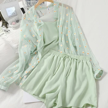 

HELIAR Newly Summer Three-piece Sets Women Floral Printed Gauze Sunscreen Shirt Sexy Camis And Elastic High Waist Shorts Outfits
