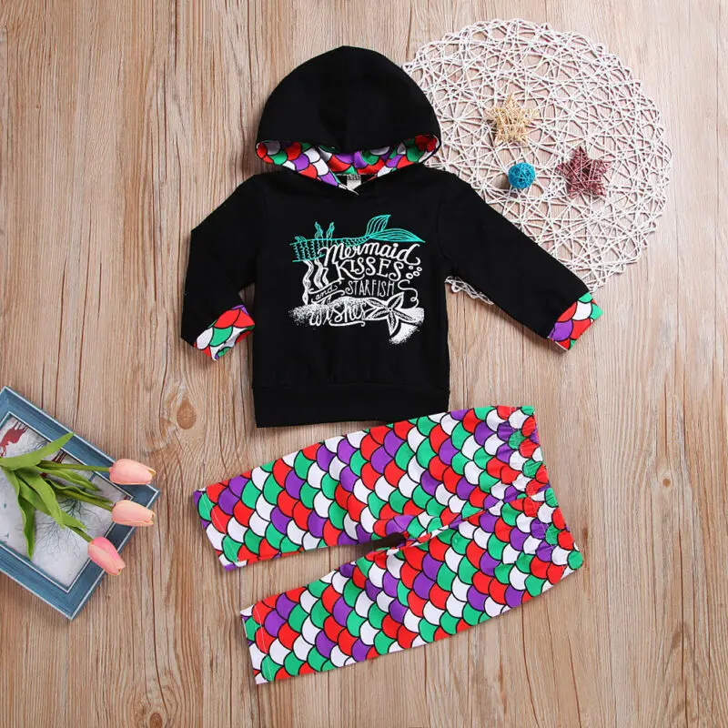 2PCS Mermaid Clothes Girl Suit Costume For Girl Long Sleeved Hooded Trousers Children Clothes Autumn Roupa Infantil Menina 0-4T