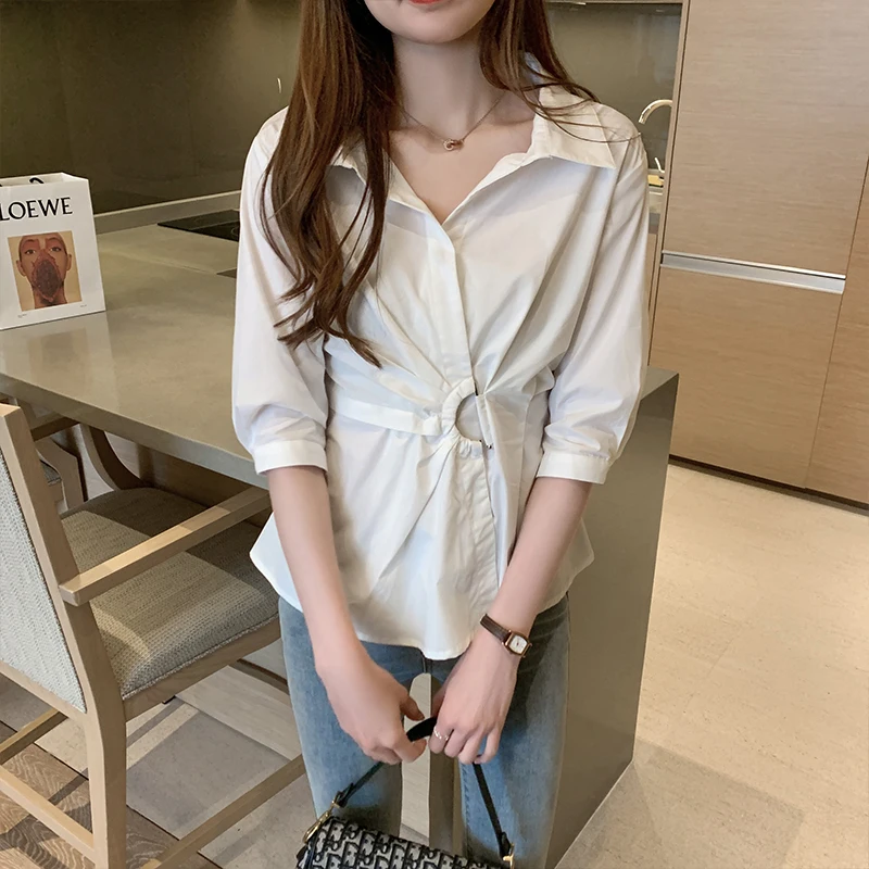 Офисная Женская белая рубашка Новинка лета 2020 Повседневная со средней талией| |