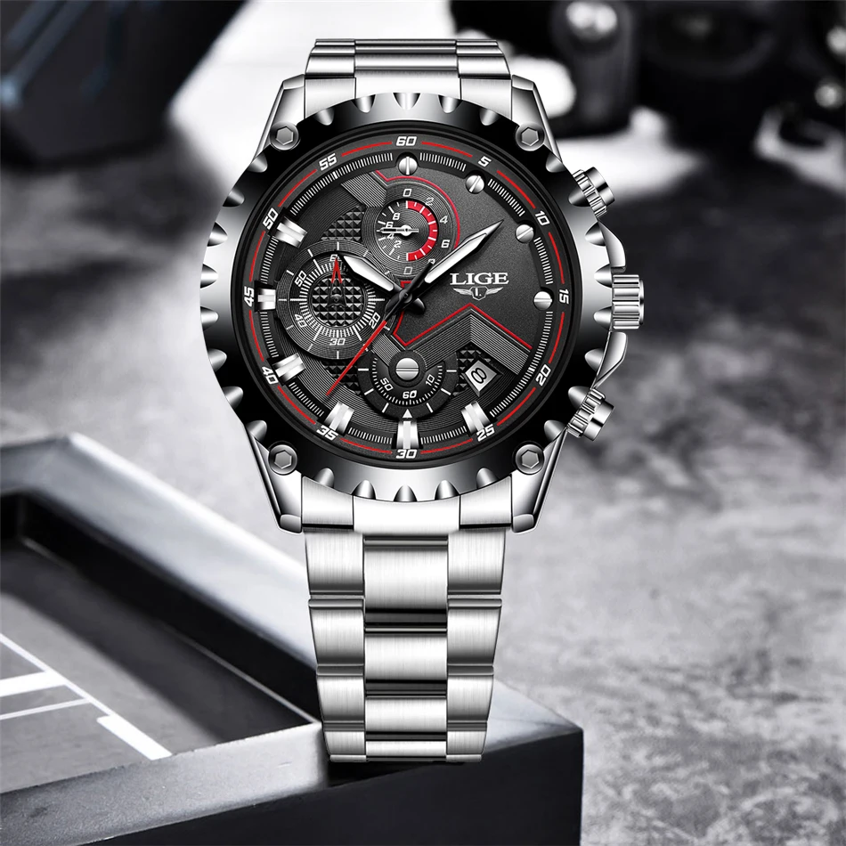 2021 LIGE Fashion Mens Watches Top Luxury Brand Silver Stainless Steel 30m Waterproof Quartz Watch Men Army Military Chronograph